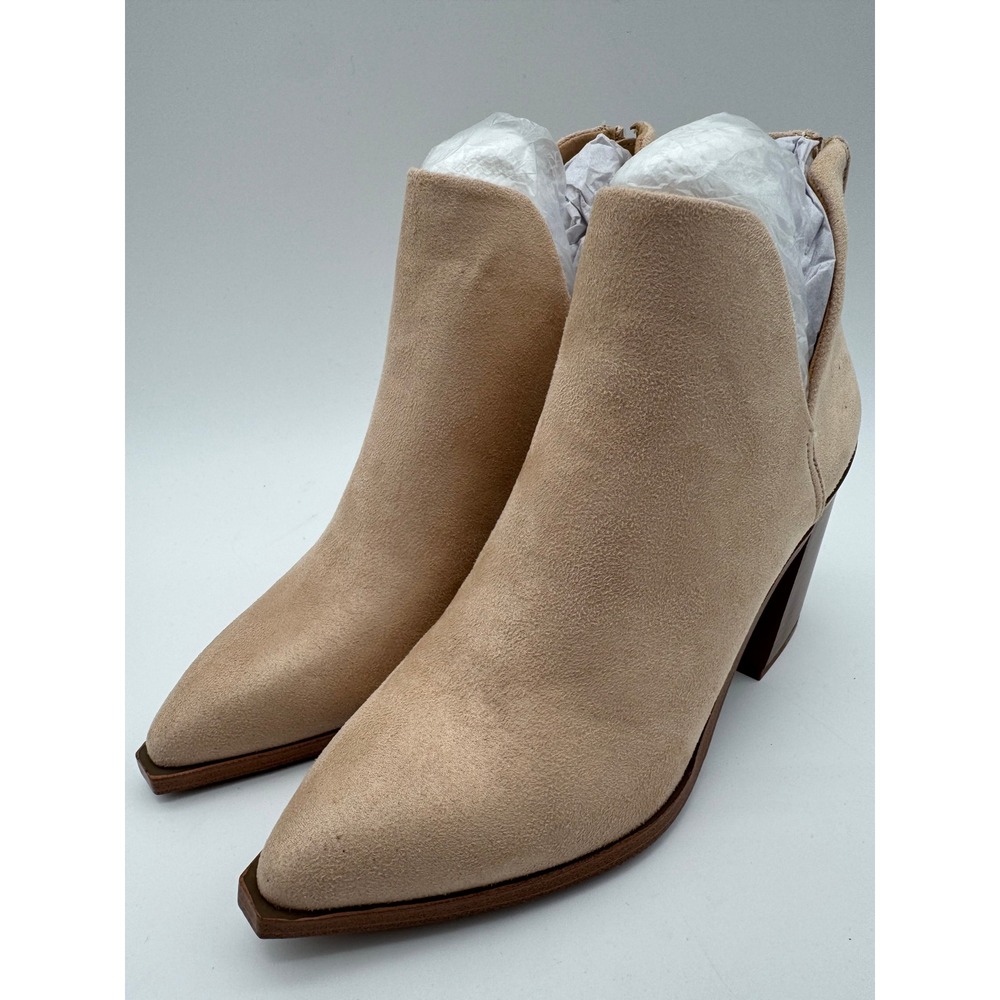 Women's Beige Suede Ankle Boots Size 6.5 Chunky Heel Zip Booties